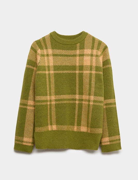 Checked Crew Neck Relaxed Fit Jumper With Wool