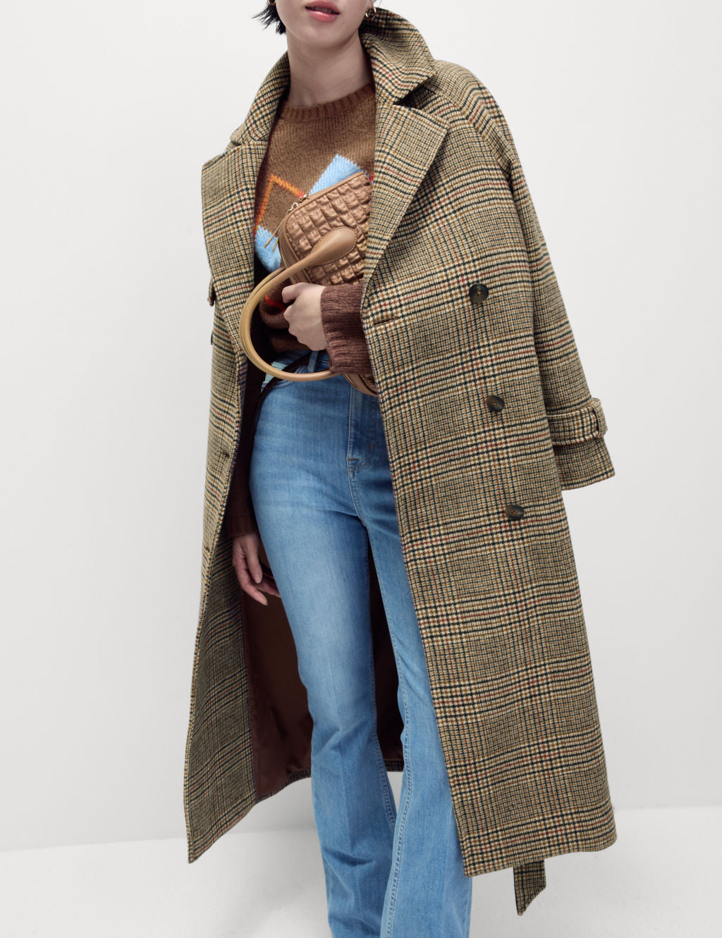 Checked Longline Trench Coat with Wool