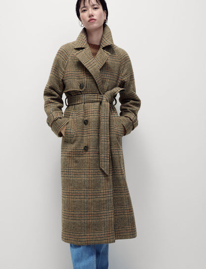 Checked Longline Trench Coat with Wool