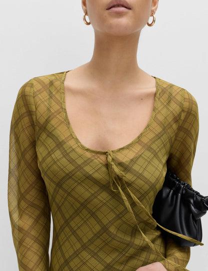 Checked Scoop Neck Long Sleeve Midaxi Column Dress