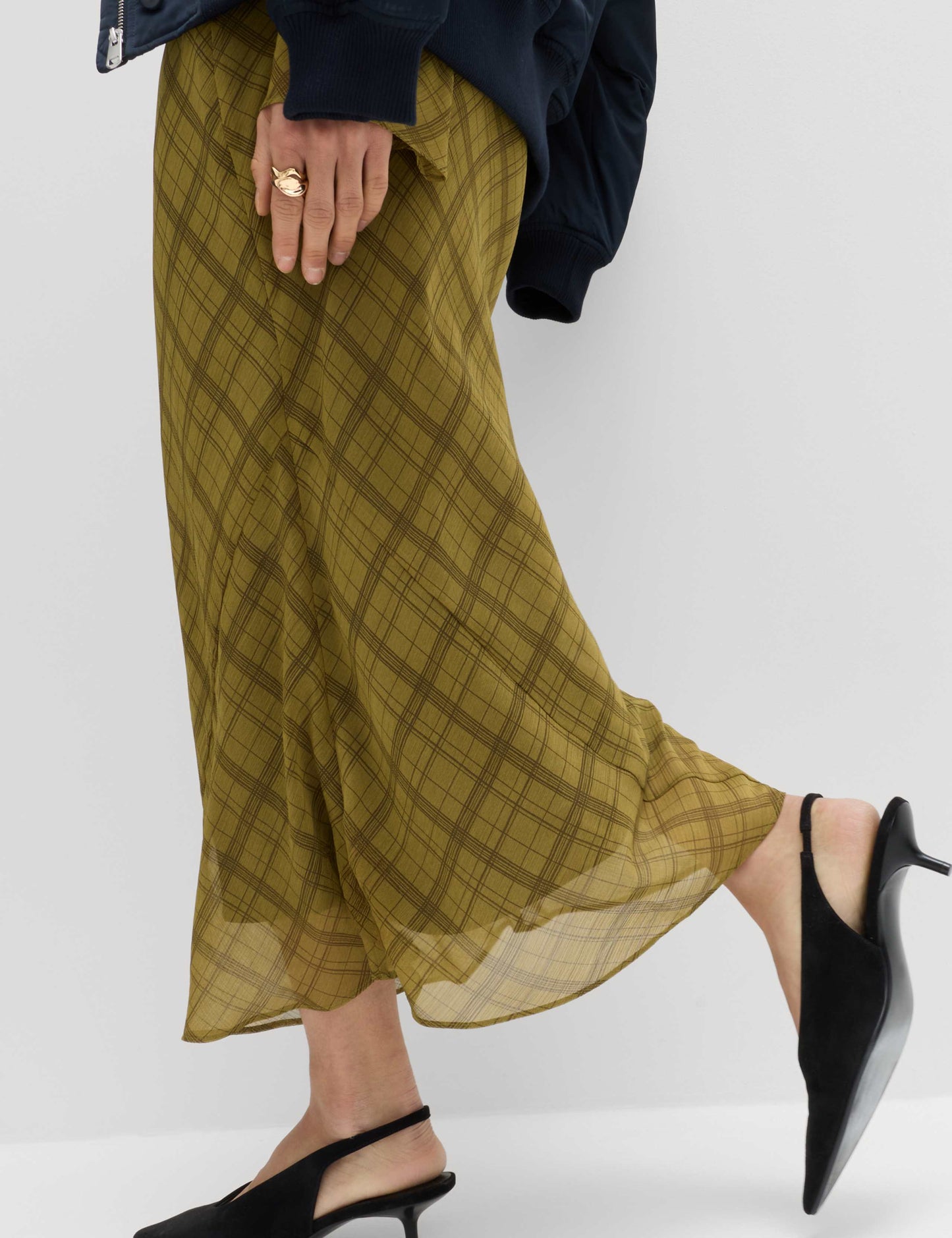 Checked Scoop Neck Long Sleeve Midaxi Column Dress