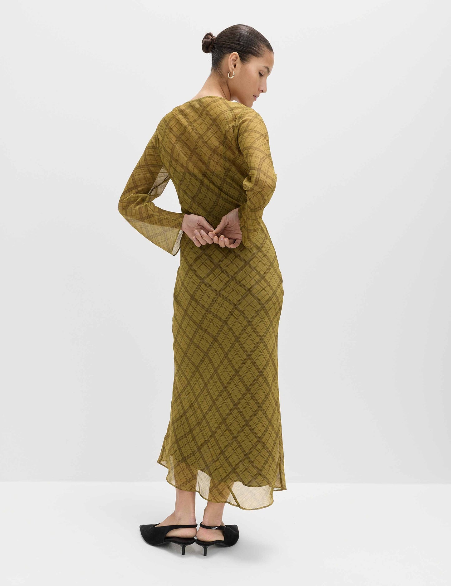 Checked Scoop Neck Long Sleeve Midaxi Column Dress