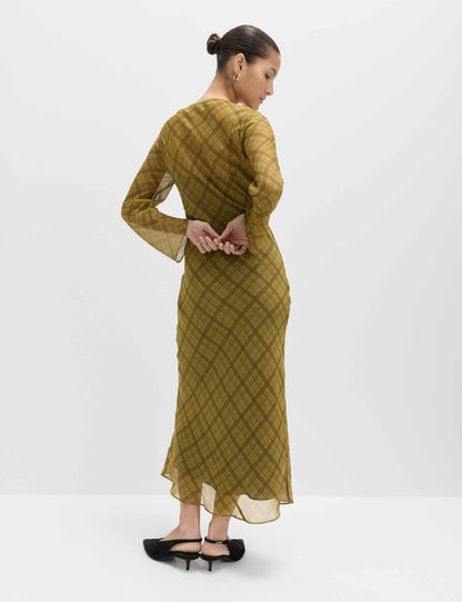 Checked Scoop Neck Long Sleeve Midaxi Column Dress
