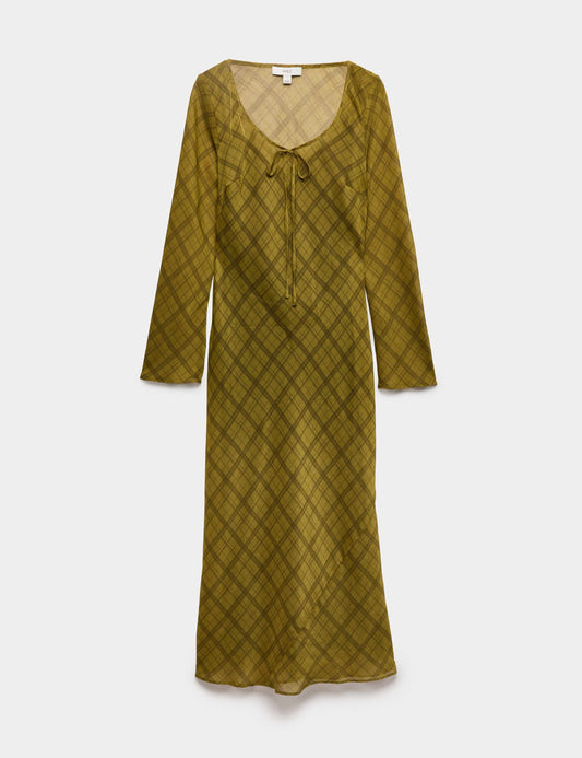 Checked Scoop Neck Long Sleeve Midaxi Column Dress