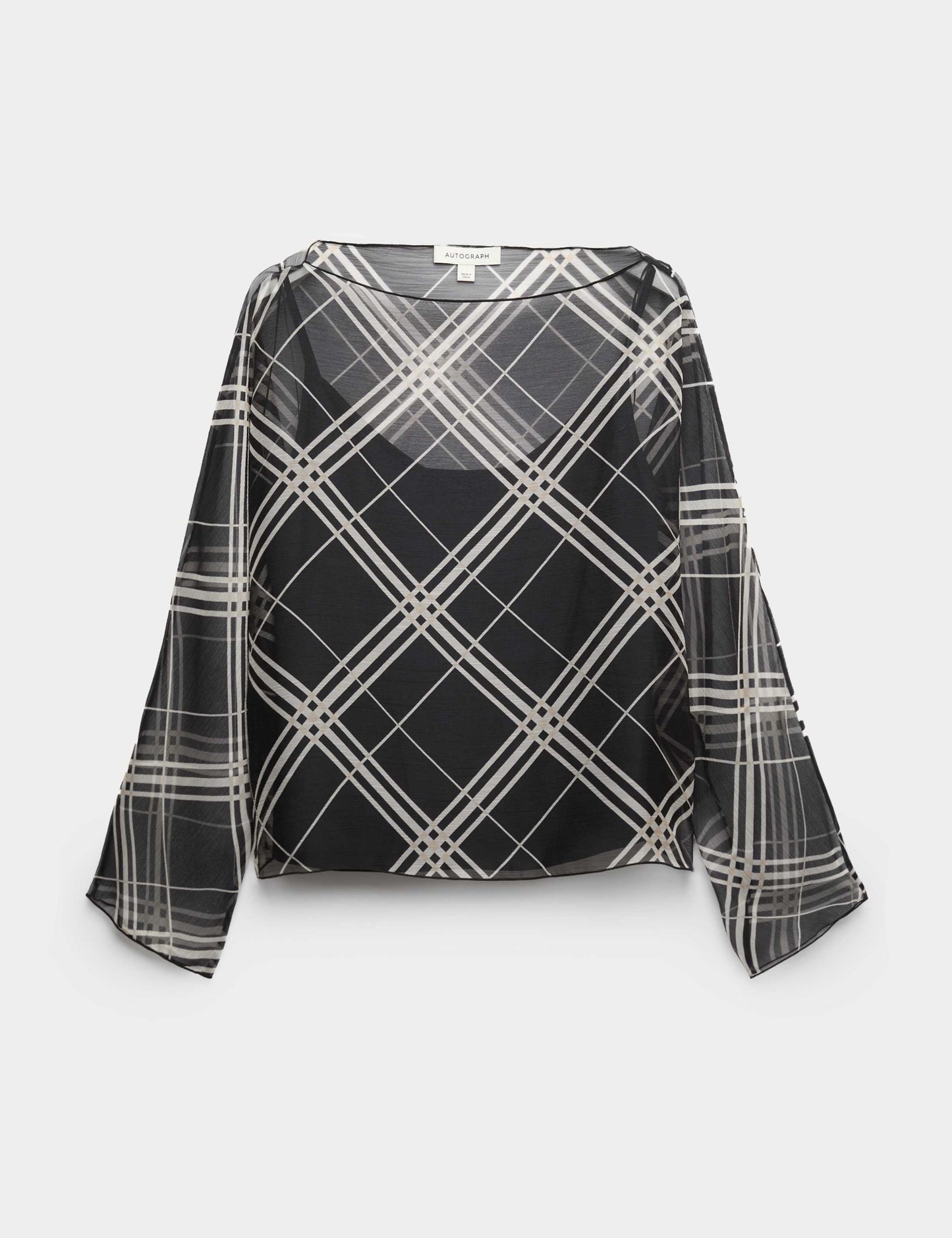 Checked Sheer Slash Neck Blouse