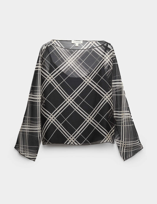 Checked Sheer Slash Neck Blouse