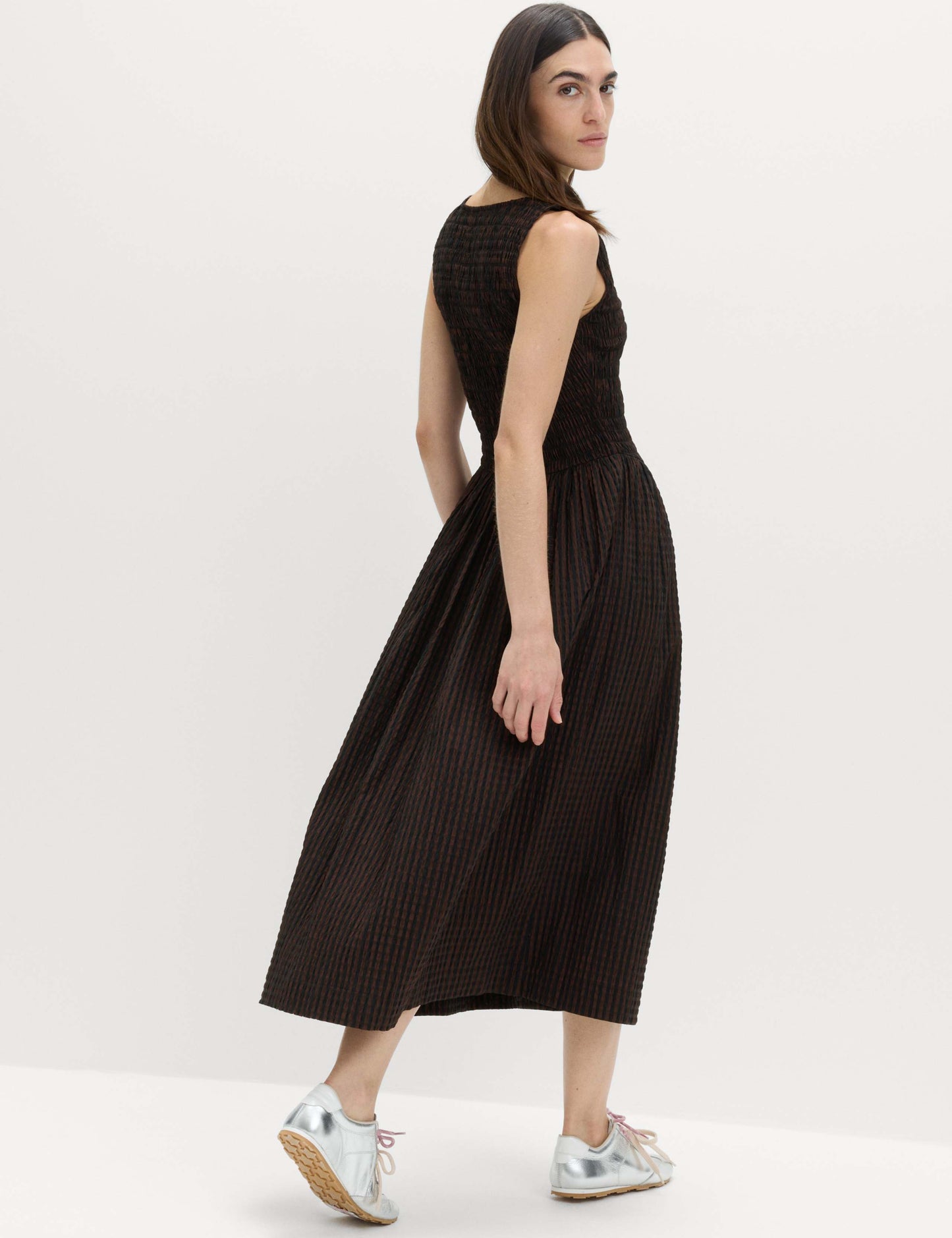 Checked Shirred Bodice Midi Skater Dress