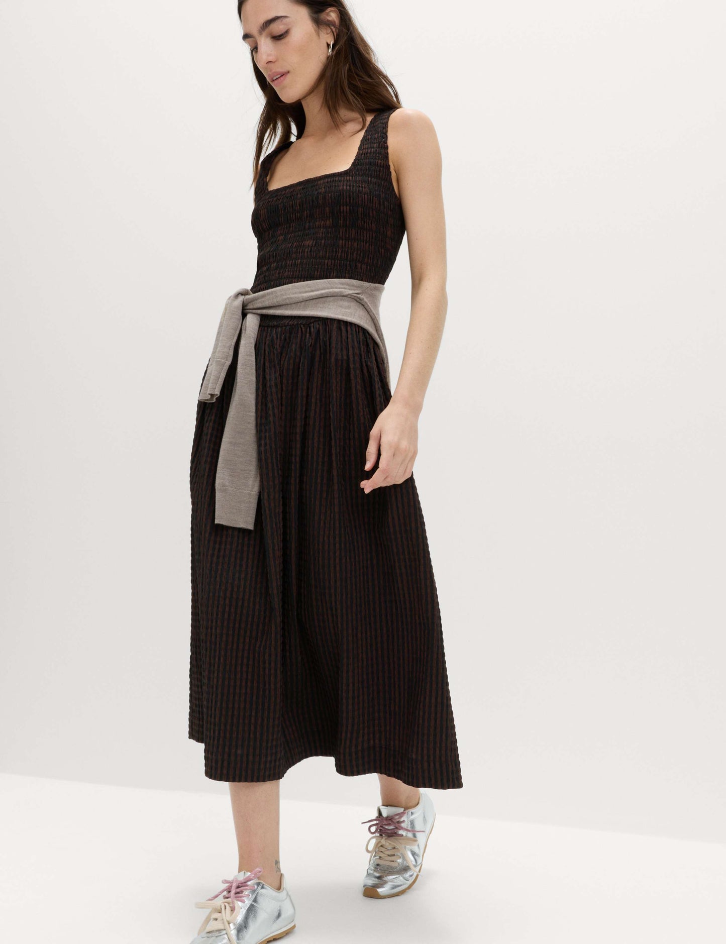 Checked Shirred Bodice Midi Skater Dress