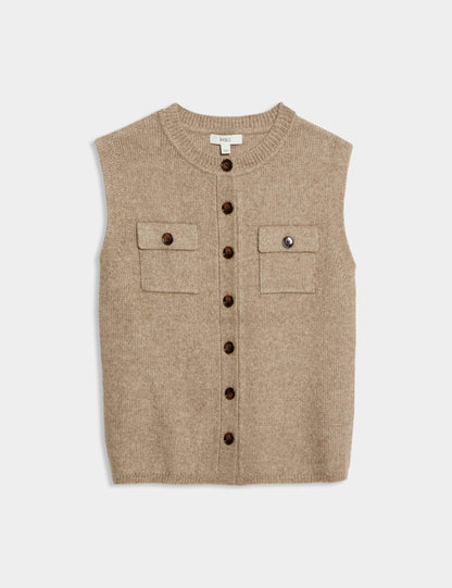 Cloud-Yarn Pocket Crew Neck Knitted Waistcoat