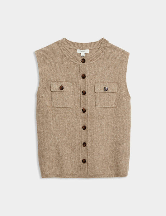 Cloud-Yarn Pocket Crew Neck Knitted Waistcoat