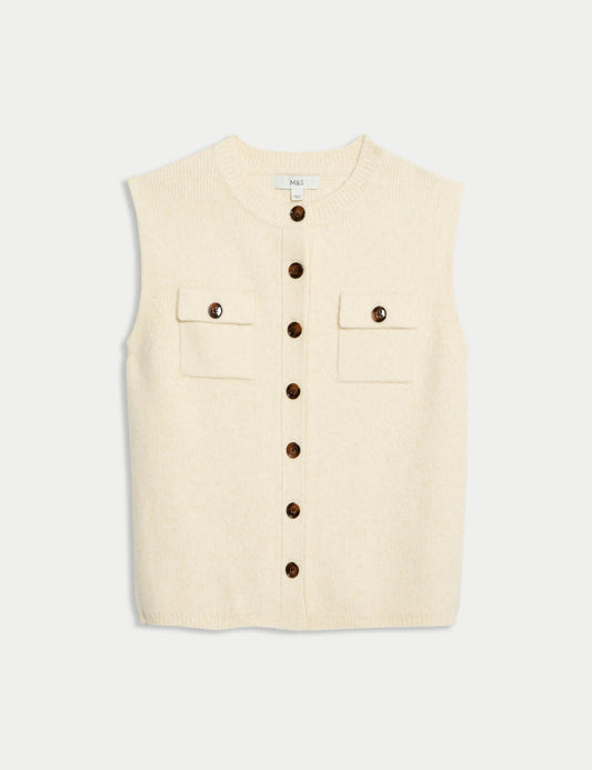 Cloud-Yarn Pocket Crew Neck Knitted Waistcoat