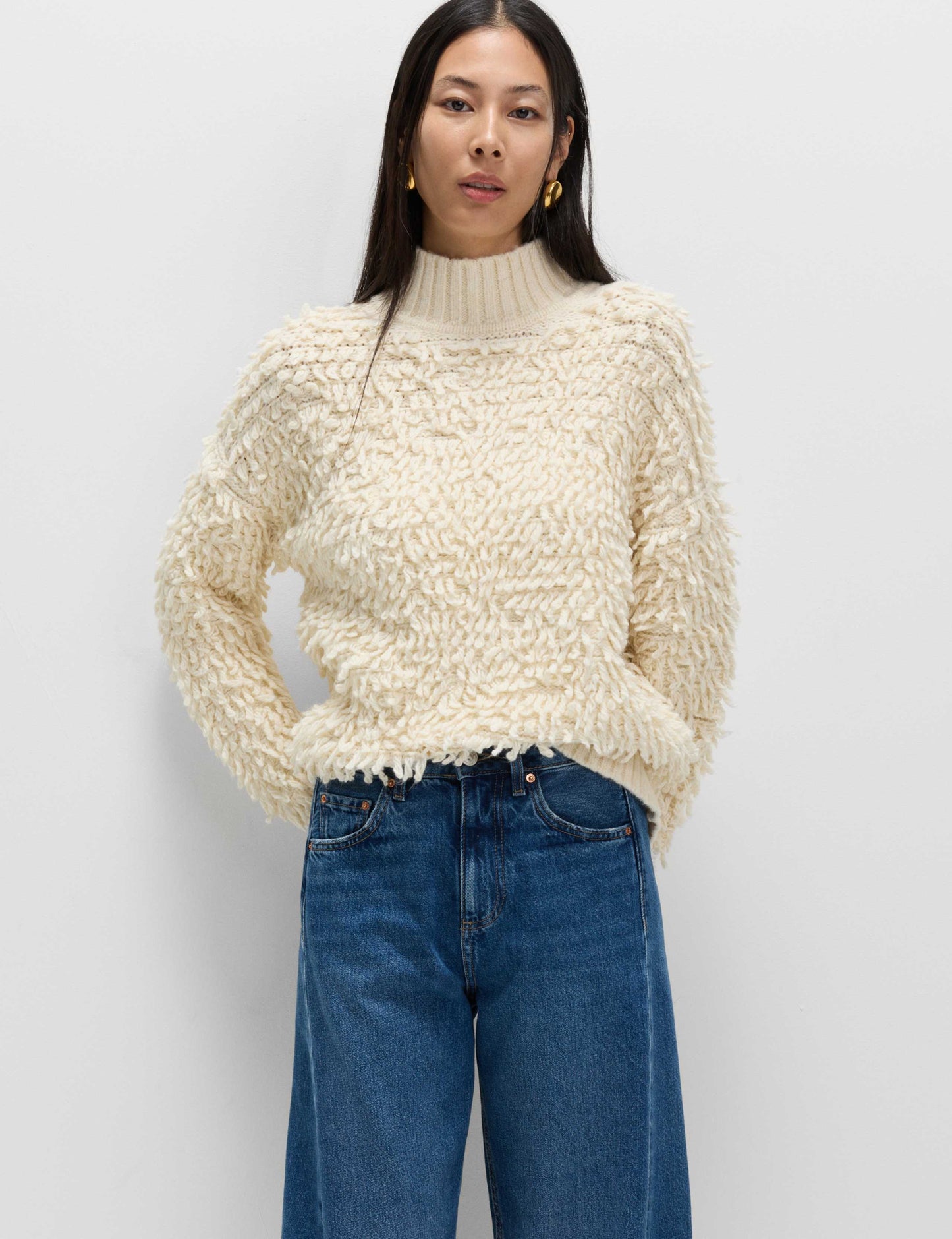 Cloud-Yarn Textured Funnel Neck Relaxed Jumper