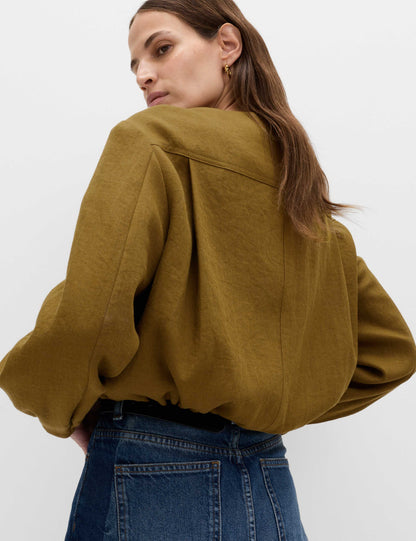 Collarless Utility Jacket With Linen
