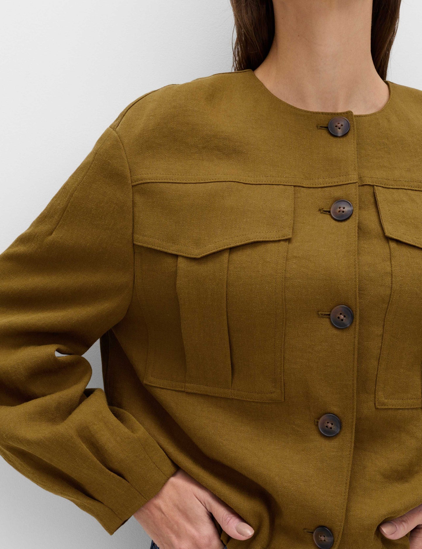Collarless Utility Jacket With Linen