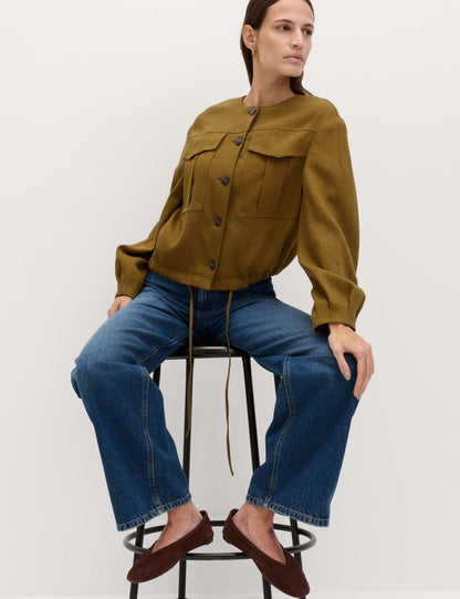 Collarless Utility Jacket With Linen