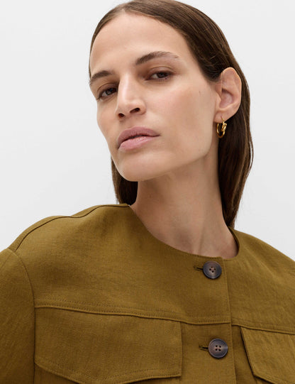 Collarless Utility Jacket With Linen