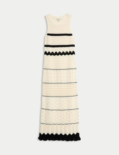 Cotton Blend Knitted Round Neck Midi Dress