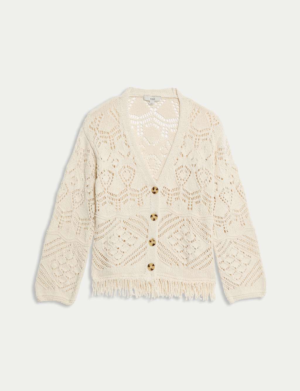 Cotton Blend Knitted V-Neck Fringe Cropped Cardigan