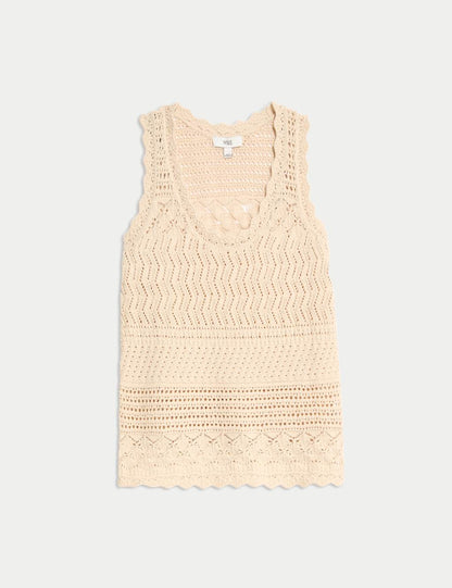 Cotton Blend Pointelle Scallop Edge Knitted Vest