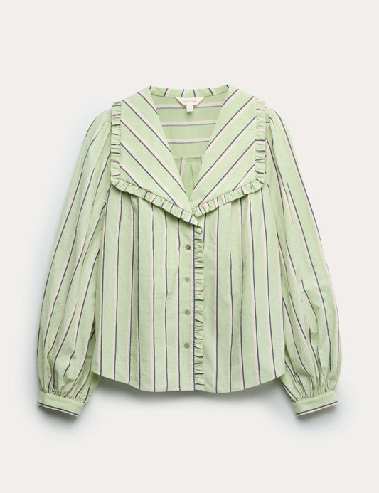 Cotton Blend Striped Frill Collar Shirt