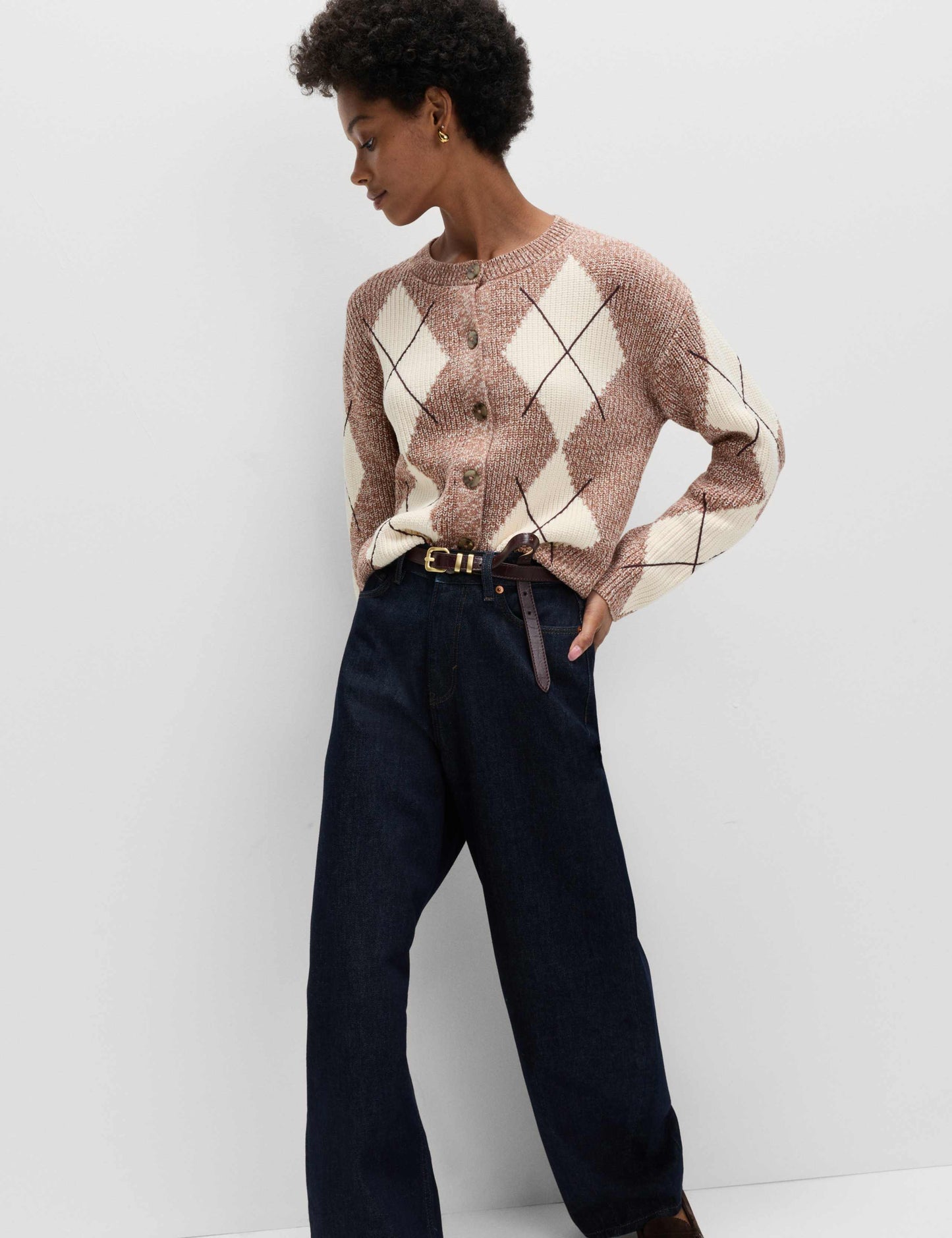 Cotton Rich Argyle Crew Neck Cardigan