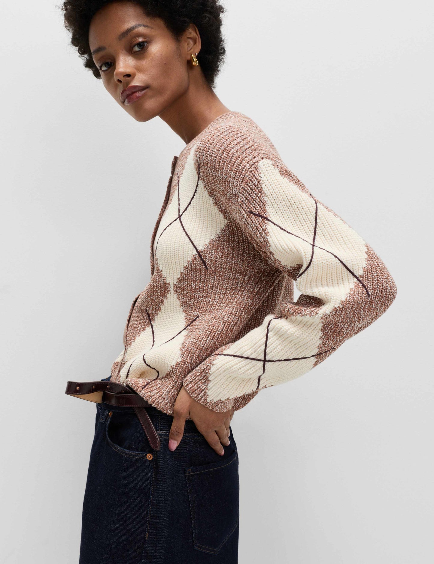 Cotton Rich Argyle Crew Neck Cardigan