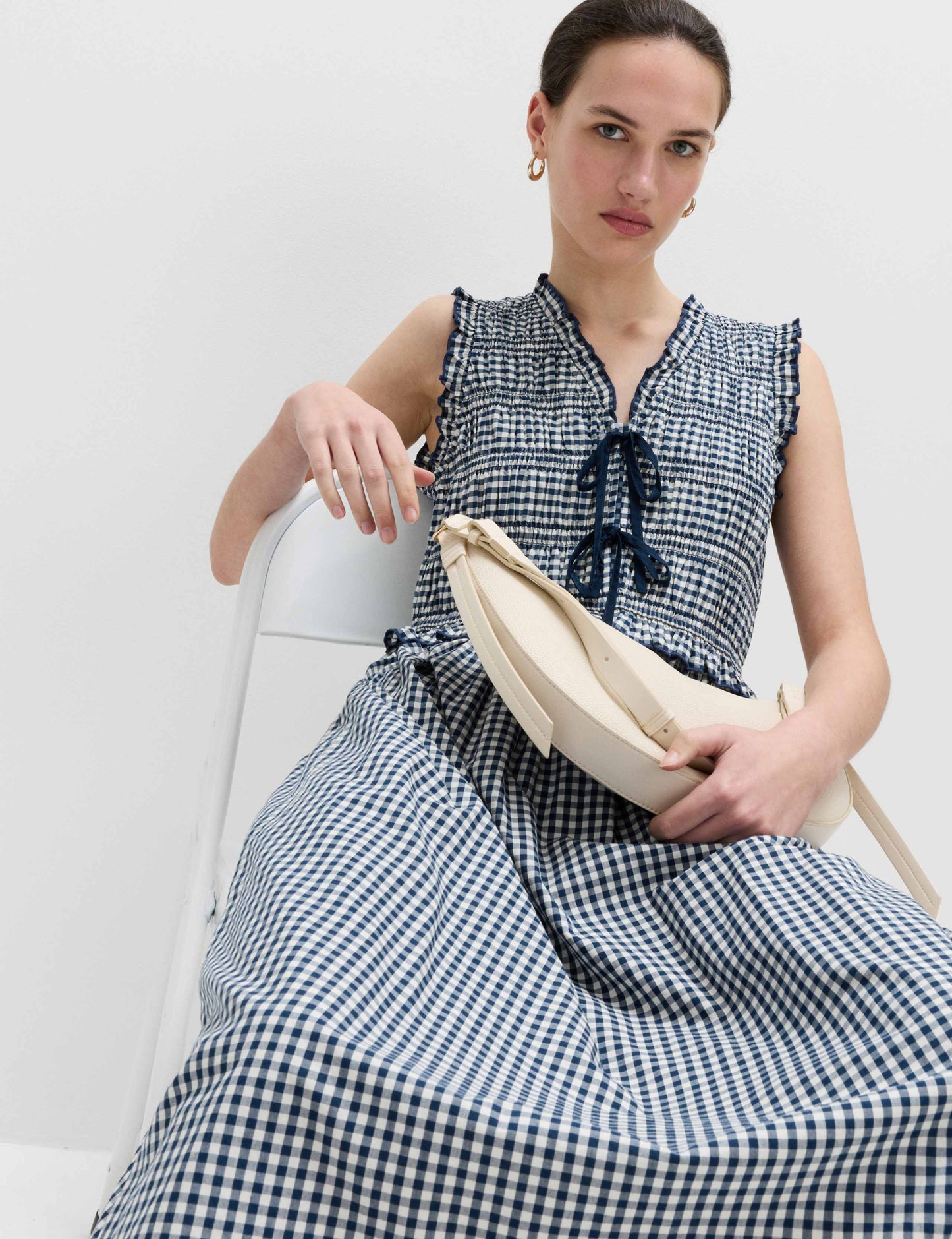Cotton Rich Gingham Midi Waisted Dress