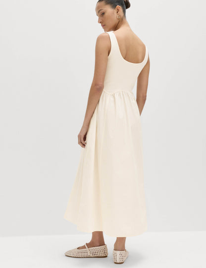 Cotton Rich Square Neck Midi Waisted Dress