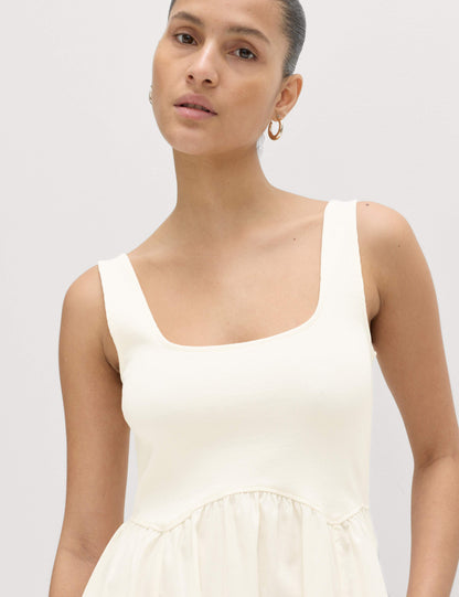 Cotton Rich Square Neck Midi Waisted Dress