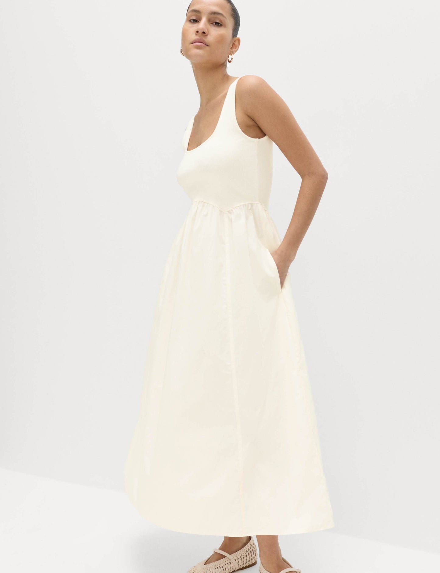 Cotton Rich Square Neck Midi Waisted Dress