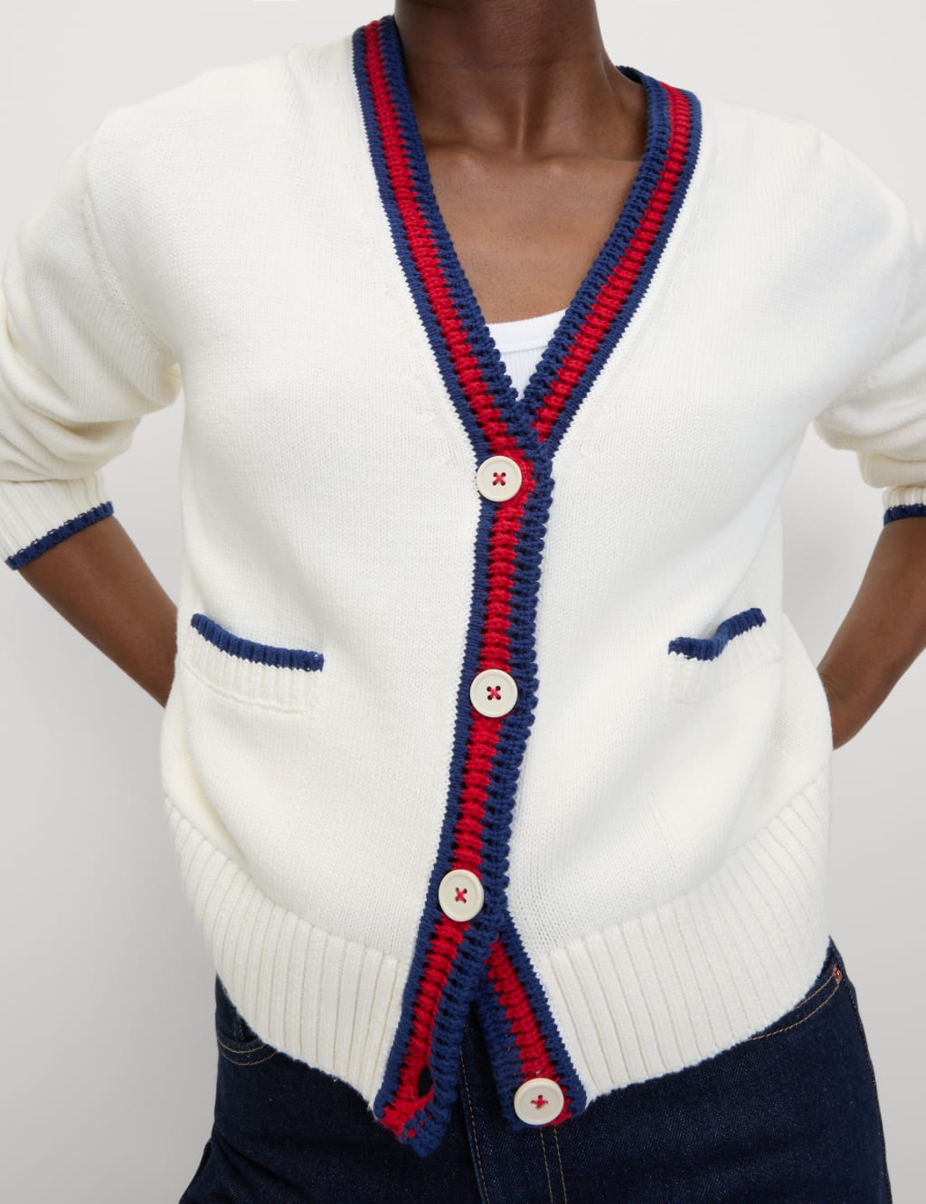 Cotton Rich Tipped Detail Relaxed Cardigan