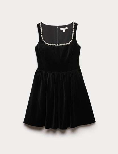 Cotton Rich Velvet Embellished Mini Skater Dress