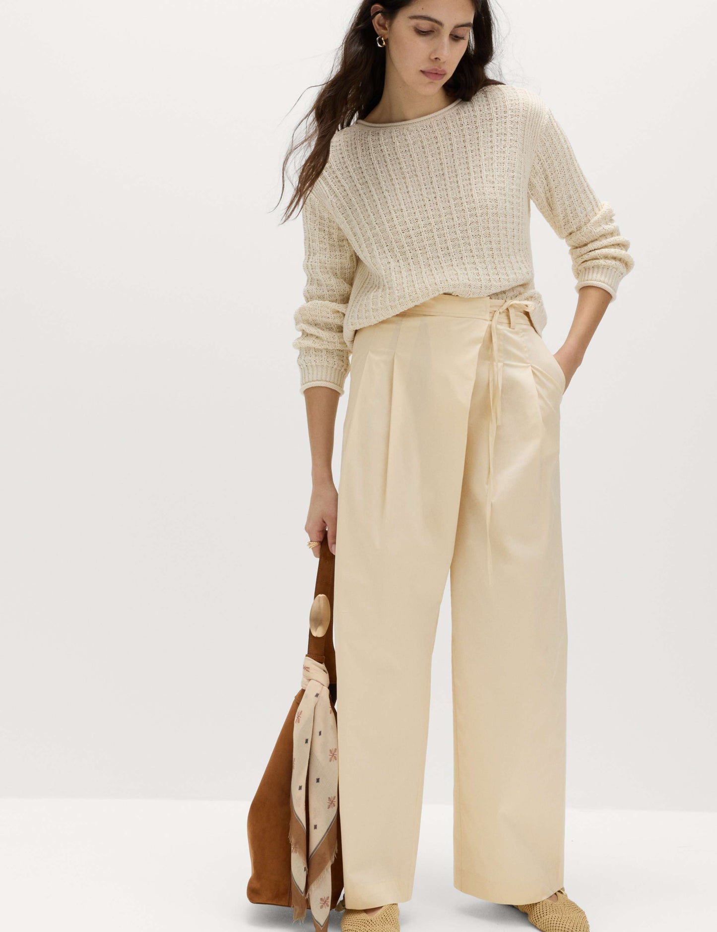 Cotton Rich Wrap Tie Wide Leg Trousers
