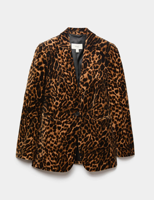 Cotton Velvet Leopard Single Breasted Blazer