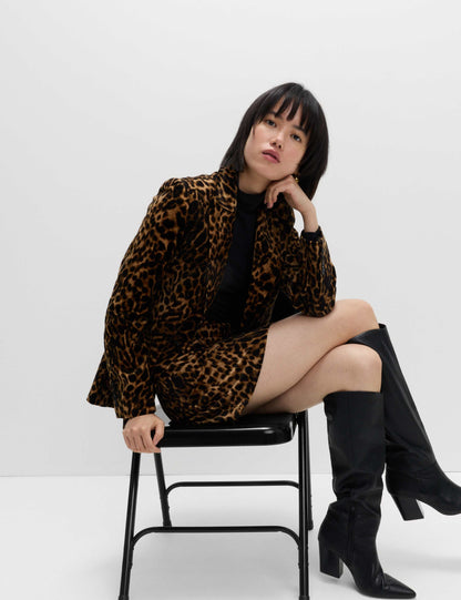 Cotton Velvet Leopard Single Breasted Blazer