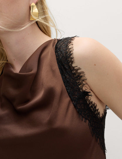 Cowl Neck Lace Detail Midi Slip Dress