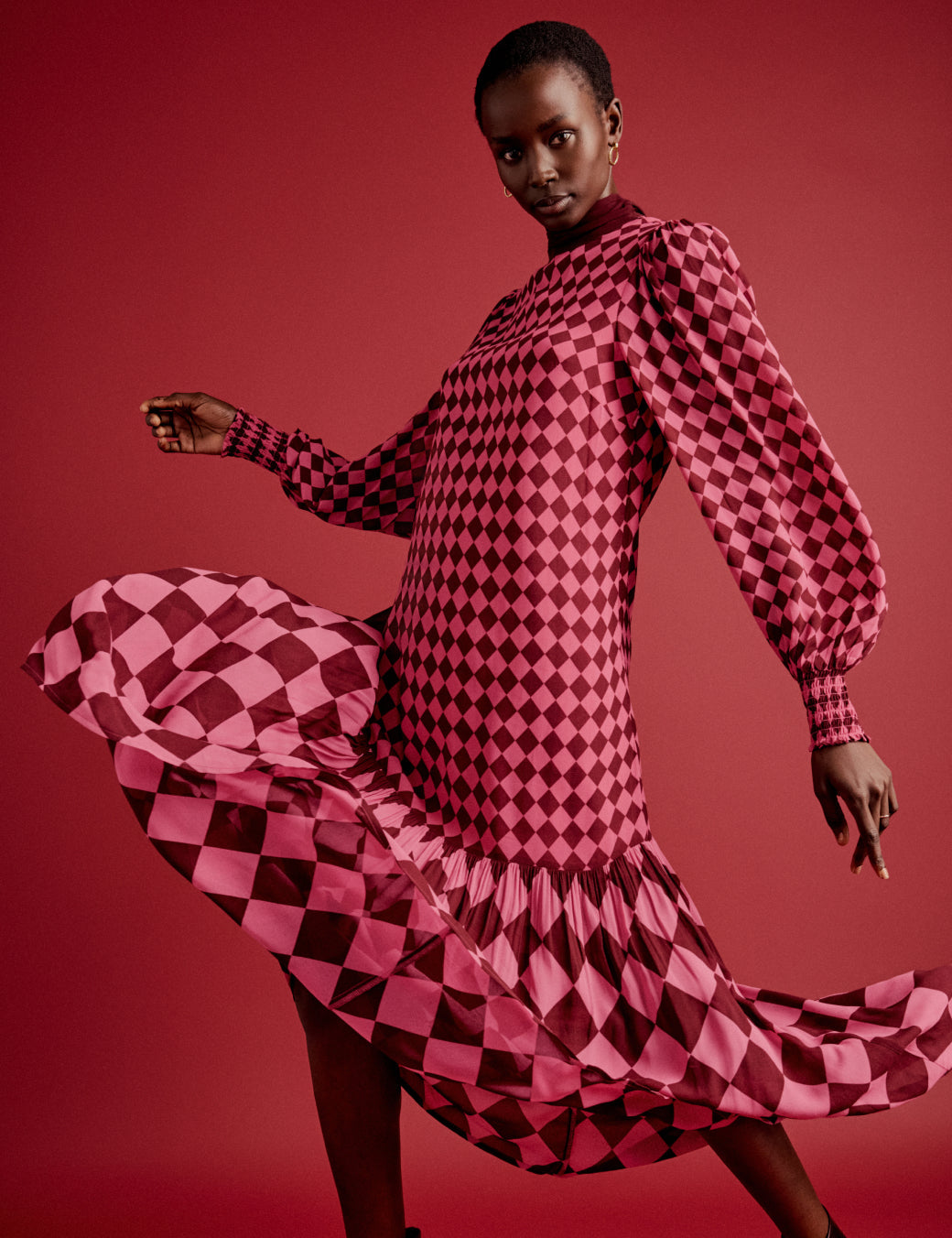 Burgundy and Pink Printed Scarf Tiered Maxi Dress