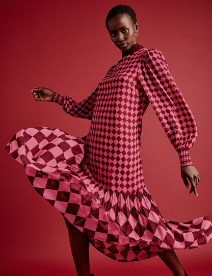 Burgundy and Pink Printed Scarf Tiered Maxi Dress