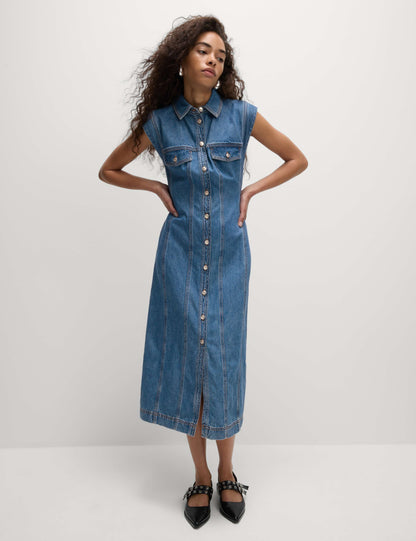 Denim Button Front Midi Utility Dress