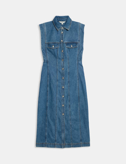 Denim Button Front Midi Utility Dress