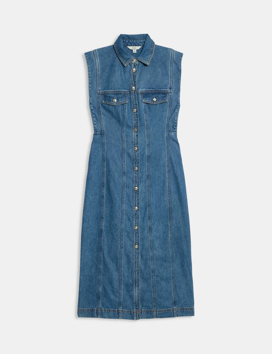 Denim Button Front Midi Utility Dress