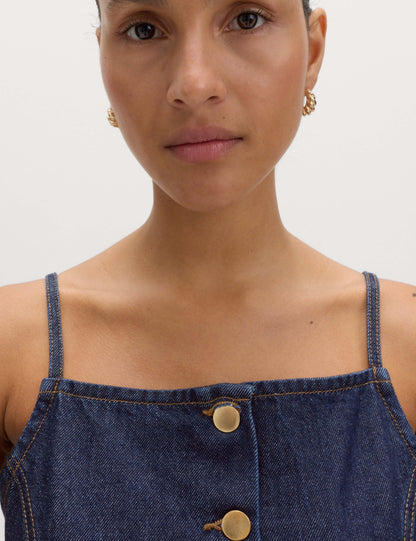 Denim Button Through Strappy Mini Shift Dress