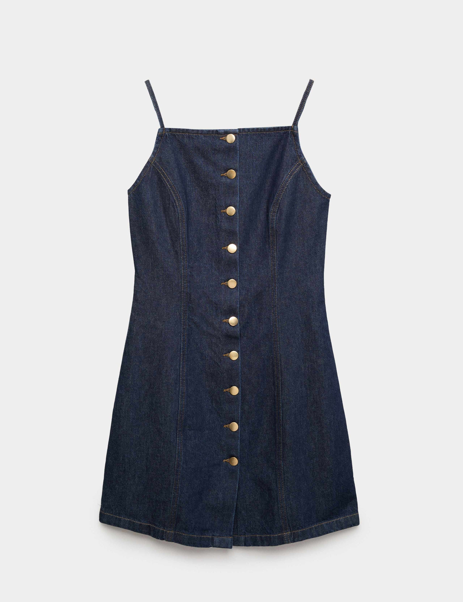Denim Button Through Strappy Mini Shift Dress –