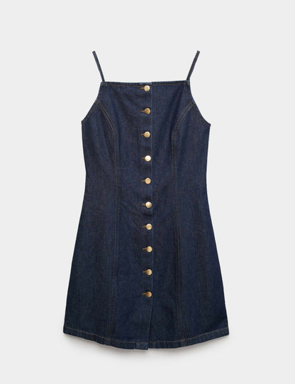 Denim Button Through Strappy Mini Shift Dress
