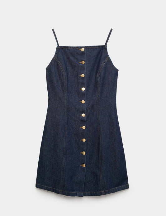 Denim Button Through Strappy Mini Shift Dress