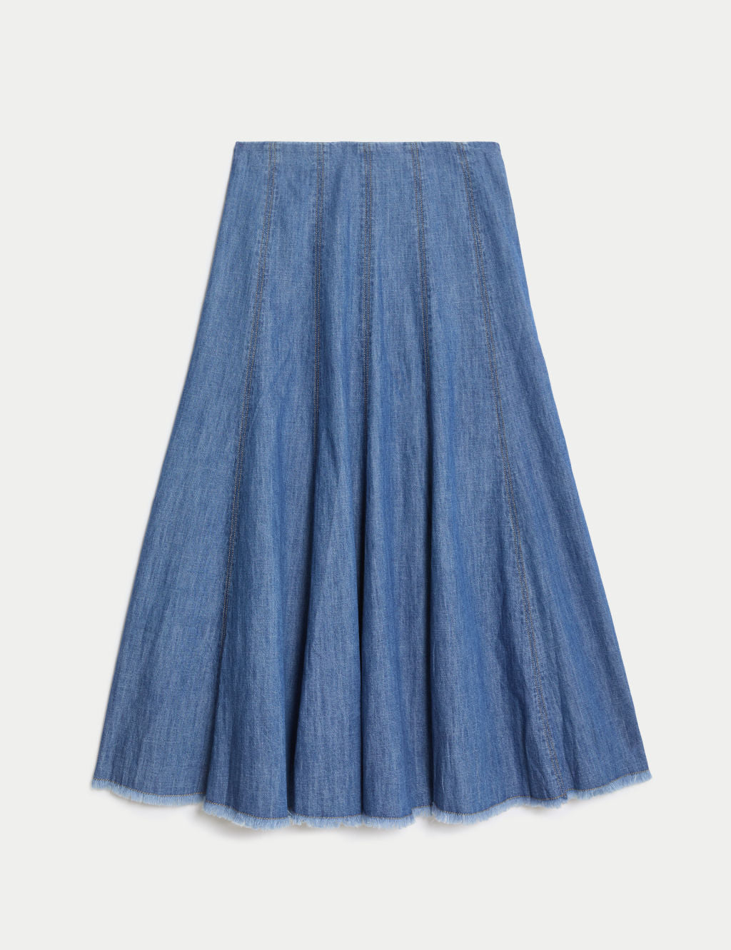 Denim Pleated Midi A-Line Skirt