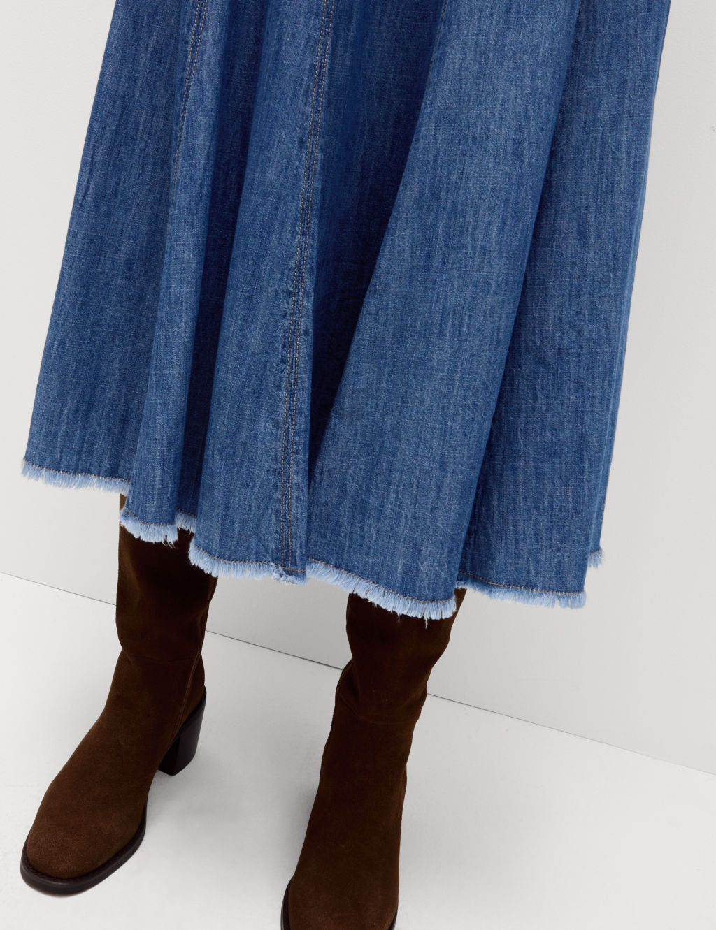 Denim Pleated Midi A-Line Skirt