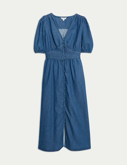 Denim V-Neck Button Through Midi Waisted Dress
