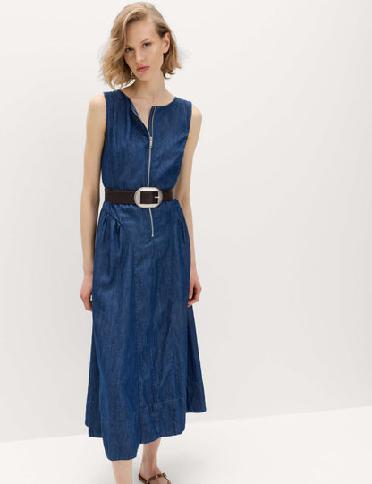 Denim Zip Up Drop Waist Midi Dress
