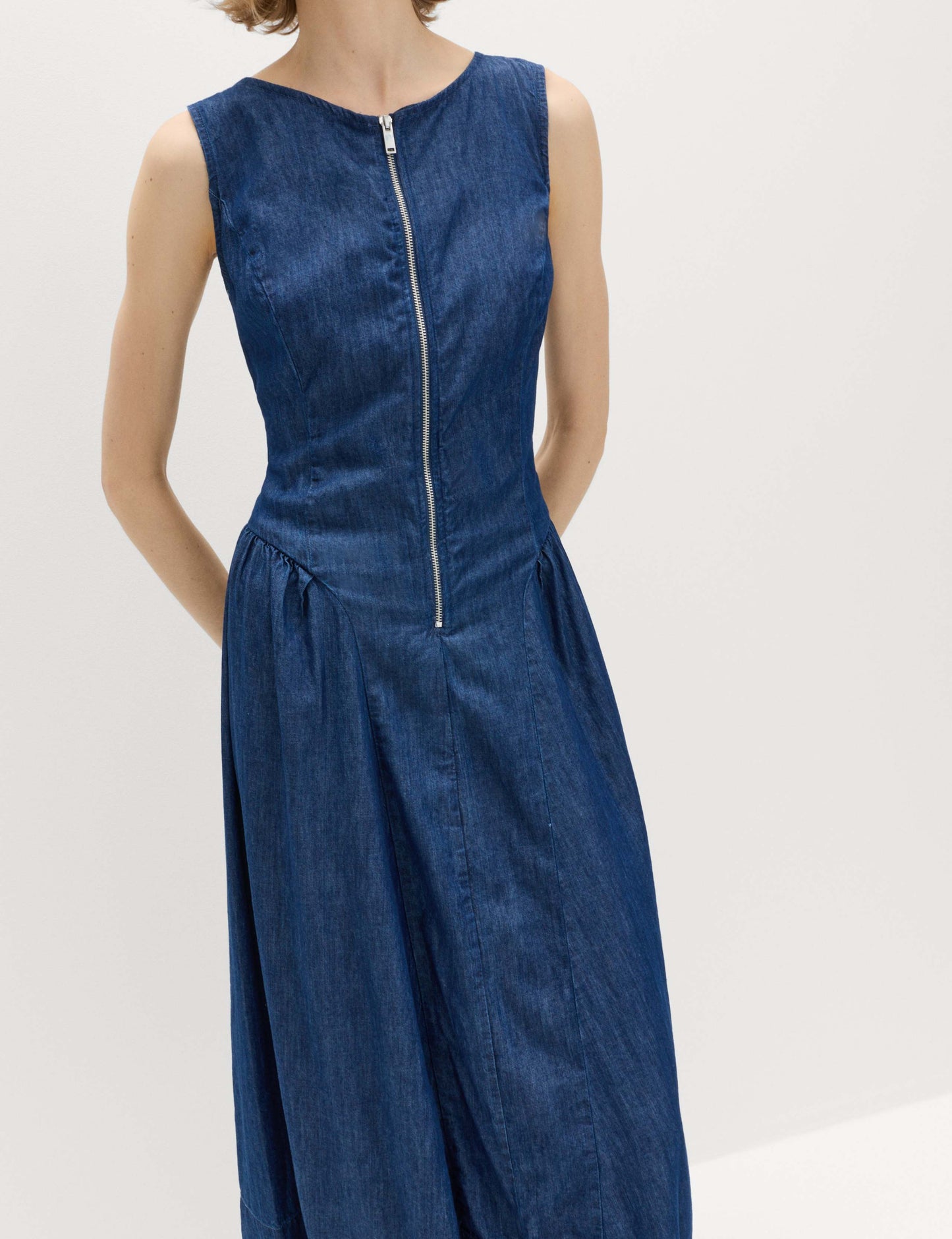 Denim Zip Up Drop Waist Midi Dress